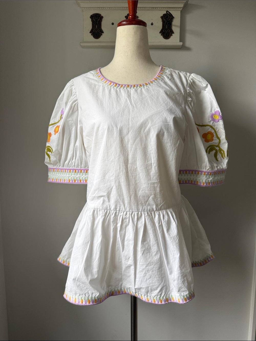English Factory White Peplum Top with Pastel Floral Embroidery Boho Casual